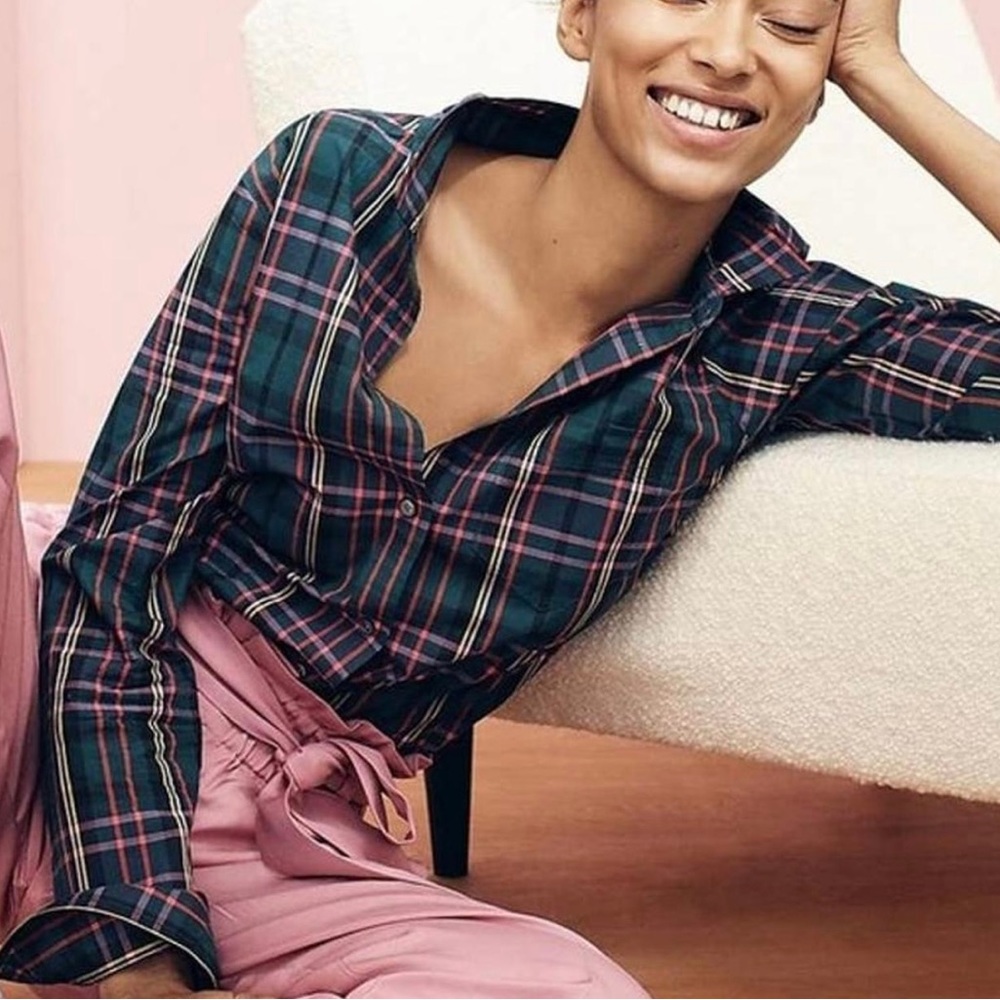 JCREW Perfect Button Down in Plaid Tartan Green Cotton Flannel Top